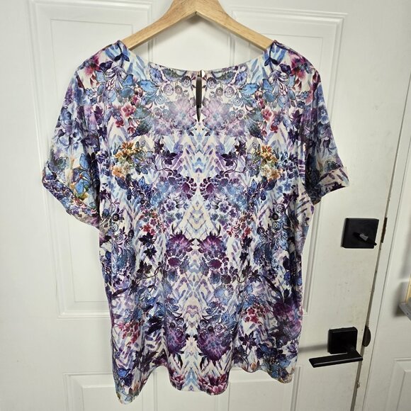 Soft Surroundings Coloures Pleated Blouse Womens Large Purple Floral Top Peasant - Picture 2 of 14